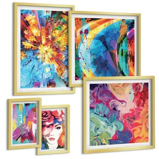BILDER SET 5er Set - 50x50 cm & 20x30 cm & 40x60 cm Goldrahmen - Minimalistische Boho-Illustrationen