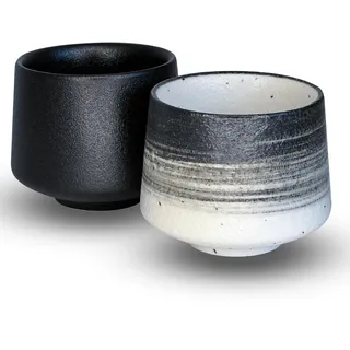 shizuro Tassen Set japanisch - 2 Stück a 190 ml - hochwertige Keramiktasse für Kaffee, Cappuccino und Tee - nachhaltige asiatische vintage Teetasse - Retro modernes Design (Schwarz Weiß)
