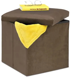 Relaxdays Sitzhocker, mit Stauraum, HBT: 38 x 38 x 38 cm, faltbar, Aufbewahrungshocker aus MDF & Samt, braun