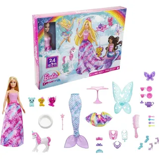 Barbie Dreamtopia Adventskalender Barbie-Puppe und 24 Geschenke einschließlich märchenhafte Moden, magische Haustiere und Zubehör, Urlaub Geschenk, HGM66