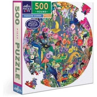 Eeboo - Rundes Puzzle, 500 Teile, Paradiesgarten, Puzzle für Erwachsene, aus Karton, rundes Format, Illustrationen von Blumen und Vögeln, Durchmesser 58,5 cm