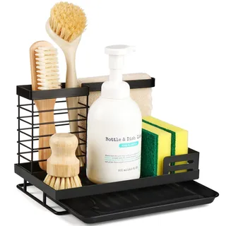 Spülbecken Organizer Küchen,Kitchen Sink Caddy Organizer,Spülmittel Halterung Küche,Schwammhalter/Spüllappenhalter mit Abflusspfanne,Waschbecken Abwasch Spülorganizer Spüle Ablage Schwarz