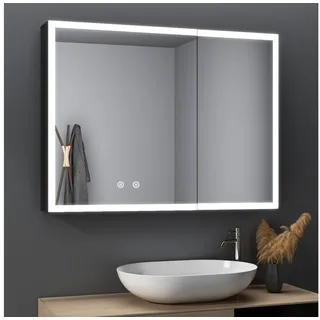 WDWRITTI Badezimmerspiegelschrank mit Beleuchtung 80 x 60 cm, Spiegelschrank Schwarz mit touch, 2 türen (Alu Schrank, Doppelseitiger Spiegel, 3Lichtmodi, Dimmbar, Anti-fog, Memory) mit Netzadapter, Verstellbare Glasböden schwarz 80 cm x 60 cm x 13.5 cm