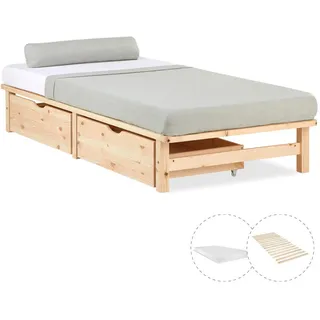 Homestyle4u Stauraumbett, Braun, Holz, Kiefer 90x200 mit Matratze 2 Bettkästen Natur Futonbett 3039