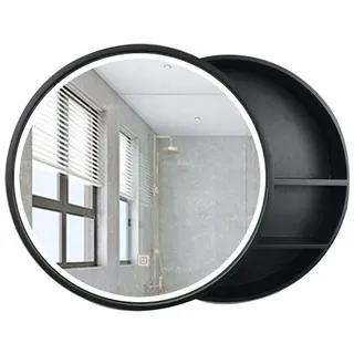Spiegelschrank Badezimmer rund mit Licht, wandmontierter Schlafzimmer-Kosmetikspiegel aus Holz mit Aufbewahrungsschrank, runder Kosmetikspiegel mit Licht