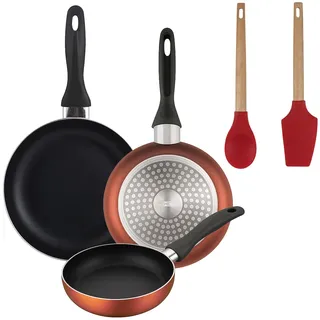 BERGNER - Set aus 3 Pfannen Ø16/20/24cm aus gepresstem Aluminium in metallic-copper mit 2-teiliges Küchenutensilien-Set EXCALIBUR