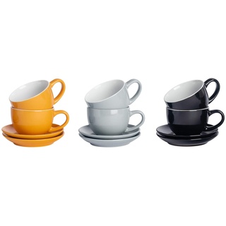 Argon Tableware 12 Stück Farbige Cappuccino Tasse und Untertasse Set - Modern Style Porzellan-Tee-und Kaffeetassen - Schwarz, Grau, Gelb - 250ml