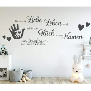 tjapalo® dgr-tk42 Wandtattoo Kinderzimmer Baby Wandtattoo Spruch wenn aus Liebe Leben wird mit Name Geburtsdaten Datum Wunschname, Größe: B150xH50cm