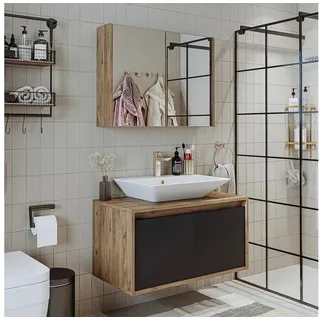 Roomart Badmöbel-Set ATLANTIC Waschtisch + Spiegelschrank + Keramik-Aufsatzwaschbecken, (ATLANTIC – Unterschrank + Spiegelschrank + Waschbecken), feuchtigkeitsbeständig, Spiegelschrank mit Stauraum, DHL-Lieferung grau