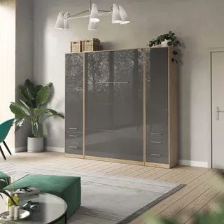 SMARTBett Wohnwand Set mit Schrankbett Standard 140x200 Vertikal + 2 x 50-Schränke Wildeiche/Anthrazit Hochglanz