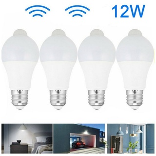LETGOSPT 4 Stück LED Leuchtmittel, E27 12W LED Birne mit Bewegungssensor Smarte Lampe, Glühbirne Bewegungsmelder PIR Licht Lampe