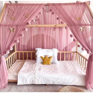 Baby Fancyroom Betthimmel Betthimmel Tüll Hausbett Kinderbett 2 Stück 340cm 380cm Montessori (3-tlg. Set mit 2x Betthimmel und einer 20er Pomponkette, Baldachin, Kinder Betthimmel Baldachin Himmel Deko Set), Betthimmel für Hausbett Montessori rosa 340 cm
