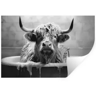 MuchoWow Wandsticker Schottischer Highlander - Schwarz und Weiß - Bad - Schaumstoff (1 St), Wandtattoo, Selbstklebend, Wohnzimmer, 60x40 cm schwarz 60 cm x 40 cm x 0.1 cm