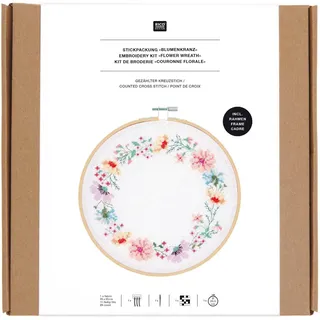 Rico Design Stickpackung Gezählter Kreuzstich, Bild Bumenkranz, inkl. Stickring Ø 20,5 cm