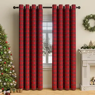 Tokusyou Kariert Gardinen Blickdicht Vorhang Karo Muster Landhausstil Vintage Rot Verdunklungsvorhänge mit Ösen Weihnachten Dekoschal für Wohnzimmer Schlafzimmer, 1 Stück H244 X B132cm
