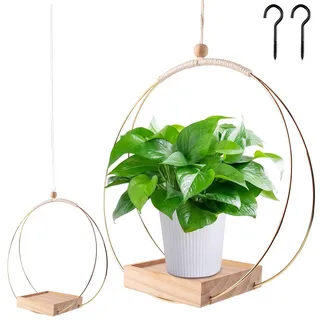 Blumenampel Hängend Innen, Blumentopf Hängend mit Metallring Hängende Pflanzgefäße Aus Metall Hängetopf für Pflanzen Hängeampel mit Holzsockel Blumenampel Blumentöpfe zum Aufhängen für Innen (A)