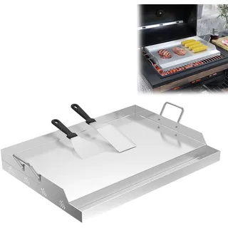 LZQ Edelstahl Grillplatte mit Griffen 54x41x7cm | Plancha aus Edelstahl für Gas- & Holzkohlegrills | Grillfläche | Grillzubehör für BBQ | Inkl. Grillspachtel und Fettauffangrinne