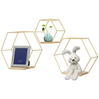 Shinpeed Wandregal 3er Set, Hexagon Hängeregal aus Holz und Metall, Wand Regal für Wanddeko in Wohnzimmer, Schlafzimmer, Hotel (Gold)