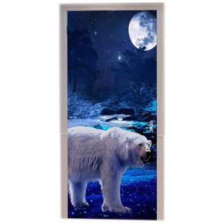 A.Monamour Blau Sternenklare Nacht Runde Mond Im Himmel Weiße Eisbär Tier Bild Druck Vinyl Zimmer Türabziehbilder Tapete Wandbilder Tür Aufkleber Poster