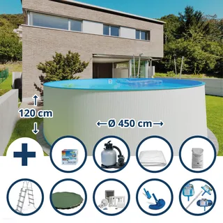 Stahlwandpool Set (10-teilig) hoch rund 450 x 120 cm, Stahl 0,4 mm weiß Folie