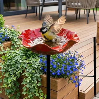 Vogeltränke Blume, Bienentränke Keramik mit Bodensteckdose - Bienentränke Gartenstecker & Insektentränke, Wasserschale und Vogelfutterstelle, Dekorative Keramikblüten Blumenstecker (A)