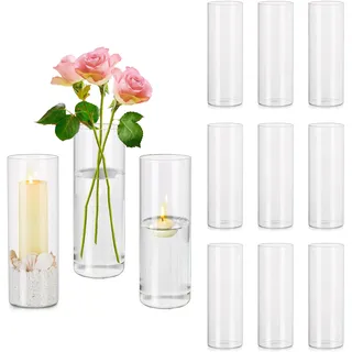 Hewory Glasvase Zylinder Windlicht Glas: 20cm Zylinder Vase Glas Glasvasen für Tischdeko, 12er Zylinder Vasen Set Glaszylinder mit Boden, Kerzenhalter Glas Zylindervasen Glas für Wohnzimmer Hochzeit