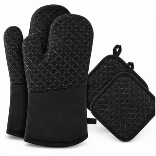 VEKROBOT Topflappen 4 Backmatten Topflifter Hitzebeständig rutschfeste Silikon Oberfläche, (Set, 1-tlg., Geeignet für Backen, Küche und Kochen), 2 Ofenhandschuhe + 2 Tischsets schwarz