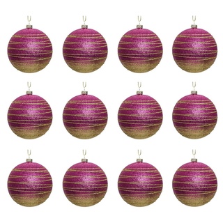 Decoris season decorations Christbaumschmuck, Weihnachtskugeln Streifen Kunststoff 8cm, 12 Stück rosa