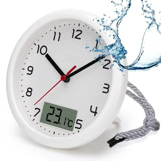 VIVILINEN Badezimmeruhr mit Temperaturanzeige Wanduhr ohne Tickgeräusche | Baduhr Zum Aufhängen Und Hinstellen mit Hängeband & Standfuß Feuchtigkeitsgeschützt 17cm