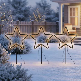 Metall Leuchtstern Gartenstecker 3er Set schwarz 30 LED mit Timer - 21 cm - Weihnachts Beetstecker Soft Gold beleuchtet mit Erdspieß batteriebetrieben - Weihnachten Advent Deko Beleuchtung für Außen