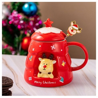 Rouemi Tasse Weihnachts-Keramikbecher, Elchbecher mit Deckel Löffel Geschenkkarton rot