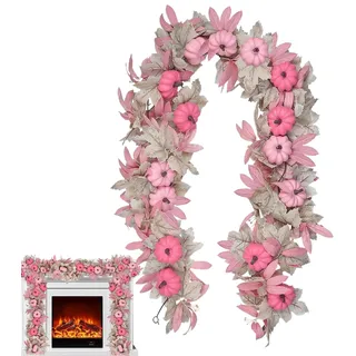 Kürbis Girlande,174 cm, Herbst Dekogirlande, Künstlicher Rosa Ahorn-Kürbis Herbstkranz, Kürbissen Und Beeren, Künstliche Herbstdekoration Für Kamin, Thanksgiving, Halloween