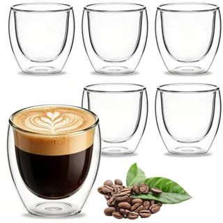 UQMIQURA Espressotassen Glas 6er Set, 80ml Doppelwandiges Kaffeegläser, Hitzebeständiges Espresso Gläser, Schwebeeffekt, Thermogläser, Latte Macchiato Kaffee Gläser, Cappuccino Gläser