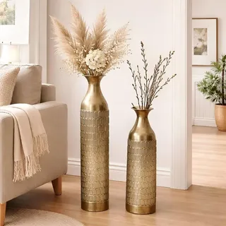 2x Bodenvase "Gold" aus Metall, schlank, 63 & 72 cm groß, XL Vase, Deko Blumenvase - Gold