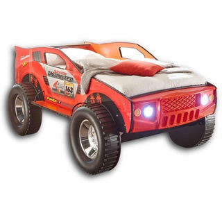 Stella Trading JEEP Autobett mit LED-Beleuchtung 90 x 200 cm - Aufregendes & hohes SUV Auto Kinderbett für kleine Rennfahrer in rot - 120 x 81 x 211 cm (B/H/T)