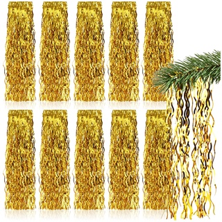 com-four® 10x Lametta - Goldfarbene Lametta Girlande für Weihnachten - Christbaumschmuck für den Tannenbaum - Lametta-Vorhang mit welligen Fäden