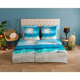 good morning Wendebettwäsche Sealife, Renforcé, 2 teilig, 100% Baumwolle, 135x200, Reißverschluss, Wendeoptik, Strand Meer, Blau blau