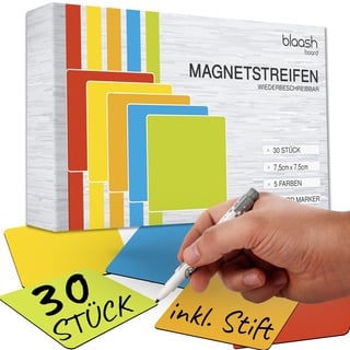 30 Magnetkarten 7,5 x 7,5 cm beschreibbar | Magnete für Whiteboards, Kühlschränke, Magnettafeln & metallische Oberflächen | inkl. Stift & Radierer | Bunte Magnetschilder zum Beschriften...