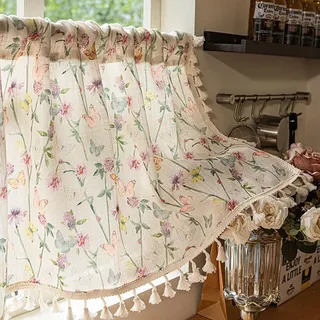 Devola Leinenoptik Scheibengardinen mit Fransen Schmetterlings HxB 45x110cm | Küchengardine Landhausstil Bistrogardine Lichtdurchlässig, Romantisch Fenstervorhang Naturfarben 1 Stück