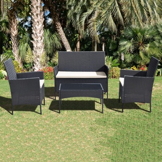 Ribelli 4-teiliges Gartenmöbel Set, Lounge Set, cremefarbenen Kissen – aus PE-Rattan – Tisch Plus Zwei Stühle und 1er Bank – praktisch zu verstauen (4 TLG. schwarz/Cream)