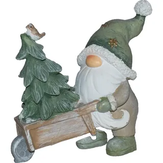 Deko Weihnachtsmann  Wichtel mit Schubkarre Tanne Vogel Figur Skulptur Objekt