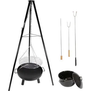 LEMODO Schwenkgrill mit Feuerschale, Dreibein Grill mit Grillrost, Hängegrill mit Gulaschkessel, 3 Bein Grill für BBQ, Grillgestell für Gulaschtopf, Holzkohlegrill mit Zubehör