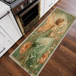 Grün Alphonse Mucha Teppich Läufer Vintage Blumen Mädchen Läufer Teppich Flur 80x400, Jugendstil Waschbar Küchenteppich, Teppichläufer für Korridor Eingang Küche Schlafzimmer Teppiche (Ydf327J)