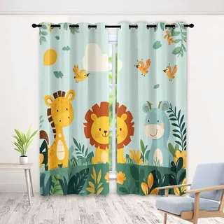Generisch Safari-Dschungel Kinderzimmer Vorhänge mit Ösen - Cartoon Wald Wildtiere Kurz Gardine - Blickdicht Fenster Verdunkelung für Junge Mädchen Schlafzimmer Deko 2er Set 117x137 cm