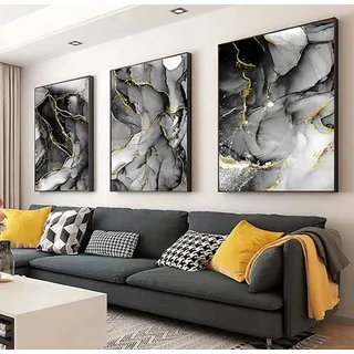 HEHGVCF Wandbilder Schwarzes Grau Leinwand Bilder Abstrakte Geometrie Marmor 3er Set Kein Rahmen Home Deko Bilder Grau Gold Blau Rosa (A,60 x90cm)