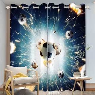 WEQEER Fußball Vorhänge Verdunkelungsvorhang Schlafzimmer Fußball Gardine Blickdicht 3D-Druck Sport Fußball Gardinen Mit Ösen Für Jungen Kinder (5,100×140BxH (50×140cm×2))