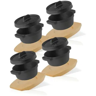 BBQ-Toro Serviertopf Mini Dutch Oven (4 Stück), Ø 11 cm, Gusseisen Topf mit Holzunterlage, Gusseisen (Set) schwarz