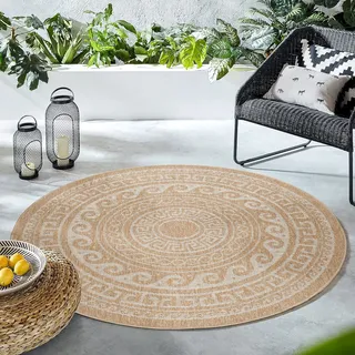 HomebyHome In & Outdoor Teppich Wetterfest Rund 80 cm Beige, Sisal und Jute Optik Balkon Teppich Wasserfest - Teppich Küche, Waschbarer Greek Design Camping Garten Terasse Outdoorteppich