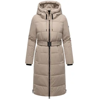 Navahoo Damen Steppmantel lang Wintermantel Parka Jacke wasserabweisend, Kapuze, Teddyfell, Kragen, Gürtel Herbstnebel