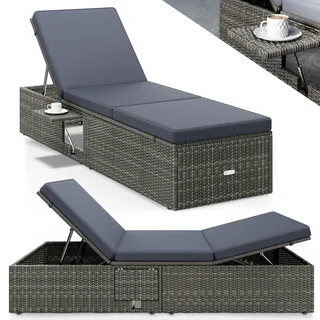 Casaria Sonnenliege Polyrattan mit Klapptisch | 200x58cm, Grau Anthrazit, 160kg Belastbar, 7-fach verstellbar, Gartenliege, Gartenmöbel, Wetterfest, Terrasse, Outdoor Möbel